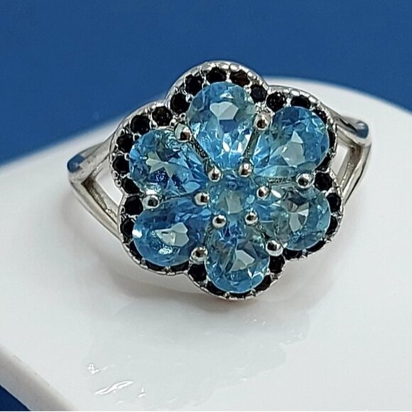 Natural Blue Apatite 5x4mm & Black Spinel 925 Sterling Silver Ring Size 7 - Picture 9 of 11